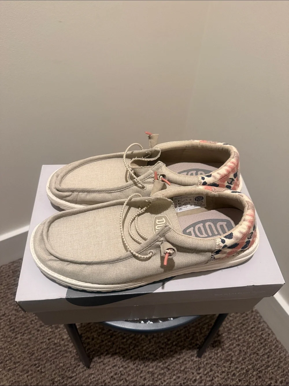 Hey Dude Beige Linen Slip-On Loafers with Coral Patterned Heel